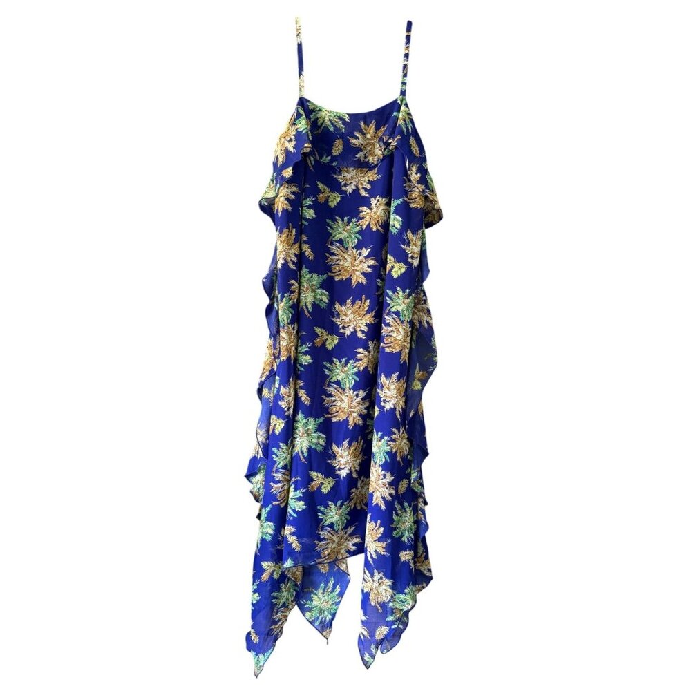 WD.NY Womens L Blue Floral Ruffle Asymmetrical Hem Sleeveless Dress Tropical